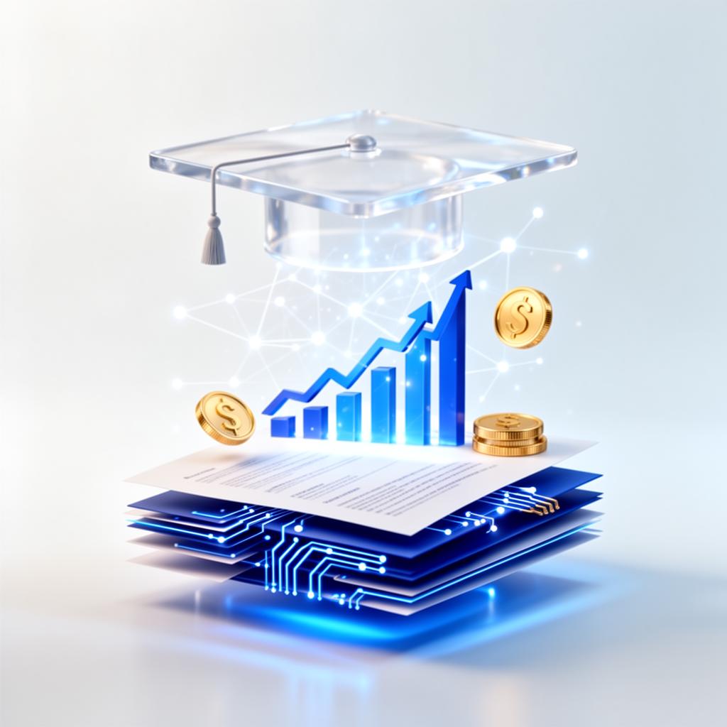 Abstract holographic illustration of education, growth charts, and funding